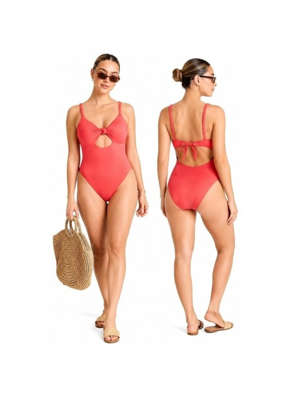 NEW Vitamin A Knot Front Keyhole Full Coverage One Piece Swimsuit - Coral/Red